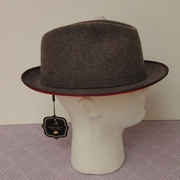 MONTIQUE GREY SMALL FELT BAND, 2 1/4" BRIM 100% WOOL FELT RED BOTTOM FEDORA HAT - Picture 3 of 8
